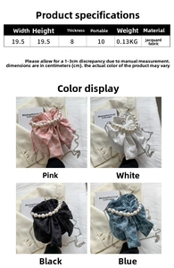 Detail of four colors of bow handbags with pearl handles and jacquard floral fabric