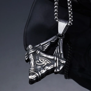 Vintage stainless steel Eye of Horus pendant necklace with wings in silver finish