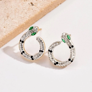 Snake hoop earrings with white enamel black dots and green rhinestone eyes