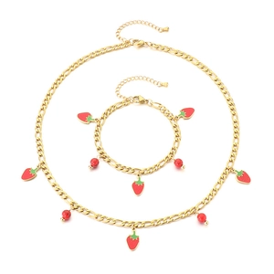 18K gold plated stainless steel jewelry set with red strawberry charms and natural stones