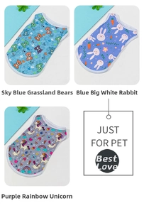 Detailed view of breathable pet vests with bear, rabbit, and unicorn patterns