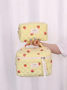 Quilted strawberry cosmetic bag set featuring yellow stripes and large capacity storage