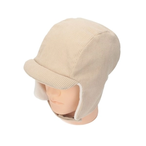 Detail of beige corduroy earflap hat with warm faux shearling lining and button strap