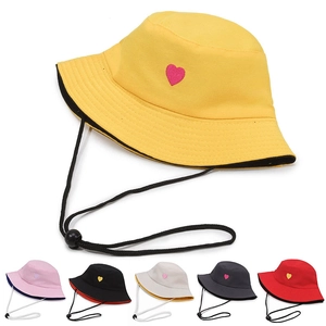 Women Heart Embroidery Bucket Hat Foldable Sunshade Summer Hat With Windproof Rope Outdoor Travel Casual Sun Protection Cap