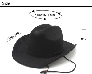 Detaillierte Größentabelle für schwarzen Wildleder-Cowboyhut mit Maßen für Krempe