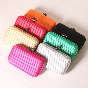 Woven Satin Evening Clutch Bag With Metal Knot Clasp Retro Boxy Party Purse For Women Chain Shoulder Bag