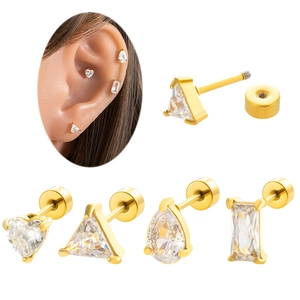 Set of four gold stainless steel stud earrings featuring heart, triangle, and teardrop gems