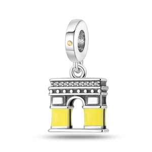 Detailed close-up of silver Arc de Triomphe charm with yellow enamel and cubic zirconia