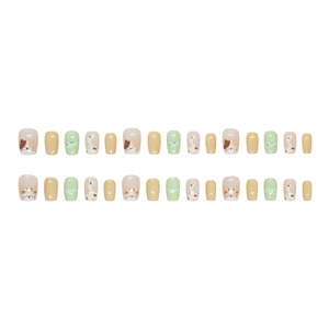 Cute cat and fish bone pattern short press-on nails set with 30 pieces in pastel colors