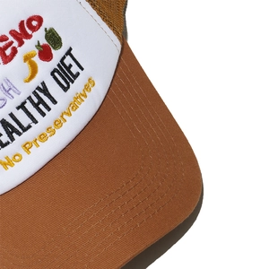 Κοντινό πλάνο κεντήματος Healthy Diet σε δίχρωμο καπέλο trucker με λεπτομερείς ραφές