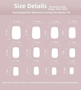Detailed size chart for 24pcs 3D sunflower press on nails showing various widths and lengths