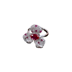 French palace style silver needle clover ring with red gemstones and small diamonds