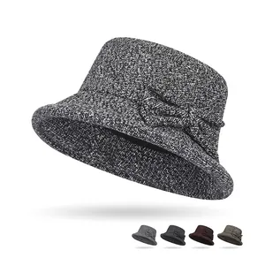 Women Tweed Cloche Hat Warm Autumn Winter Foldable Bucket Hat With Bowknot Elegant Vintage Ladies Fashion Accessory