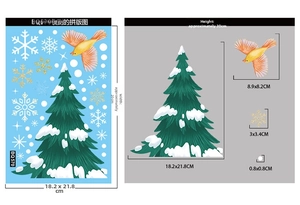 Detailed size chart for Christmas window stickers showing snowflake and tree dimensions