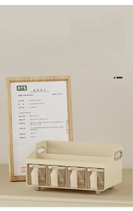 Detail of multi-tier cream spice rack showing 4 transparent drawers with metallic handles