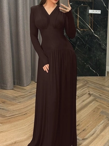 Deep coffee V-neck long sleeve maxi dress with pleated waist and high waist slim fit design