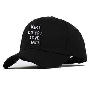 Black cotton baseball cap with white KIKI DO YOU LOVE ME? embroidery in a trendy street style