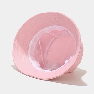 Internal view of pink cotton sun hat featuring adjustable wind rope and sweatband detail
