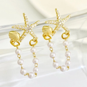 Starfish and seashell stud earrings with tassels, rhinestones and elegant pearls