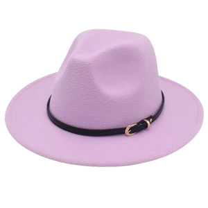 Close-up of lavender wool fedora hat featuring a black leather band and golden buckle