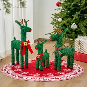 Christmas Reindeer Ornaments Green Tinsel Deer Figures With Red Bow Golden Bell For Home Desktop Holiday Decoration