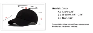 Size chart showing cotton baseball cap dimensions with 55-60cm head circumference
