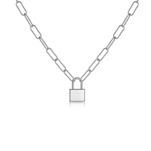 S925 sterling silver chunky paperclip chain necklace with punk style padlock pendant
