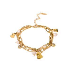 Double-layer gold titanium steel bracelet with heart pendant, pearls, and crystals