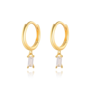Minimalist gold hoop earrings featuring rectangular clear zircon pendants on white background