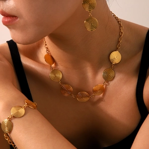 18K Gold Plated Stainless Steel Spiral Texture Circular Disc Necklace Earrings And Bracelet Jewelry For Women
