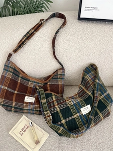 Retro Plaid Woolen Hobo Bag Vintage Large Capacity Crossbody Shoulder Bags For Women Casual Korean Ins Style