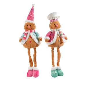 Adorable gingerbread man plush dolls with pink sequins and white chef hats for Christmas decor