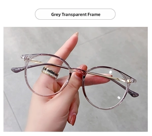 Detail view of round grey transparent glasses frames with elegant gold metal temples