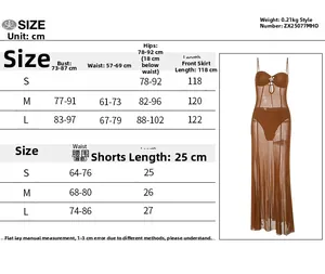 Tableau des tailles pour robe en maille transparente avec fleur en métal et short assorti