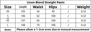 Tableau des tailles détaillé pour pantalon en lin avec mesures du XS au L