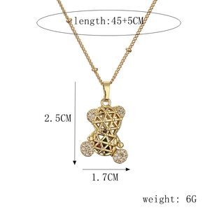 Technical drawing showing hollow gold bear pendant dimensions of 2.5cm by 1.7cm on a chain