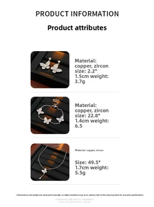 Size chart for silver butterfly jewelry set featuring copper and zircon necklace earrings
