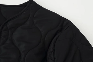Détail du col rond et des surpiqûres ondulées sur la veste matelassée noire