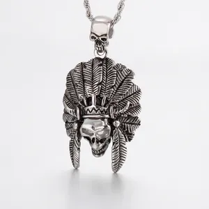 Indian Chief Double Skull Feather Pendant Stainless Steel Retro Oxidized Finish Hip Hop Punk Rock Style Jewelry For Men