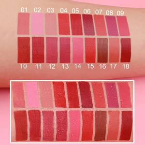 Wasserdichtes Matt-Lippenstift-Set mit 18 Farbmustern auf dem Arm und Wassertropfen