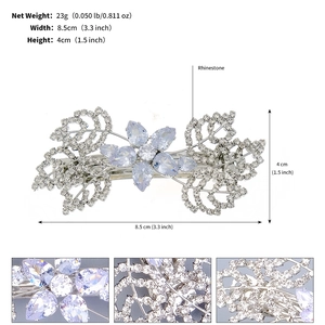 Detailed dimensions of sparkling floral rhinestone hair clip with blue and clear crystals