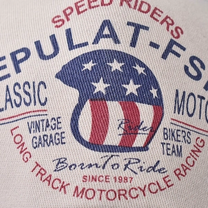 Vintage washed baseball cap with retro motorcycle printing and embroidery in beige