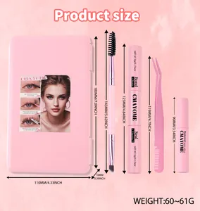 Detailed size chart for 30D 40D eyelash cluster kit with tools and dimensions