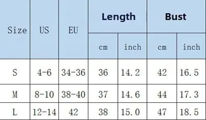 Detailed size guide table for women's embroidery tank top including US and EU measurements