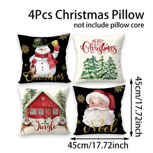 Set of 4 Christmas pillow covers with snowman and Santa prints, 45x45 cm linen texture