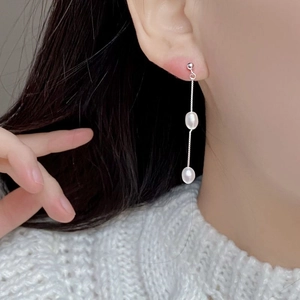 Elegant long S925 silver threader earrings with dual natural freshwater white pearls