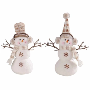 Figurines de bonhomme de neige de Noël avec chapeaux à carreaux bruns et motifs flocons