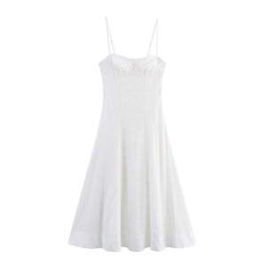 White Broderie Anglaise Midi Dress Cotton Eyelet Embroidery Spaghetti Strap Corset Style Sleeveless Summer For Women