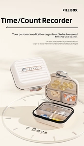Detail view of cream suitcase pill box with 7-day tracker and internal compartments