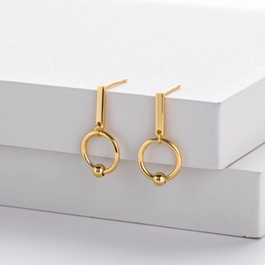 Elegant S925 sterling silver geometric double ring earrings with polished gold finish